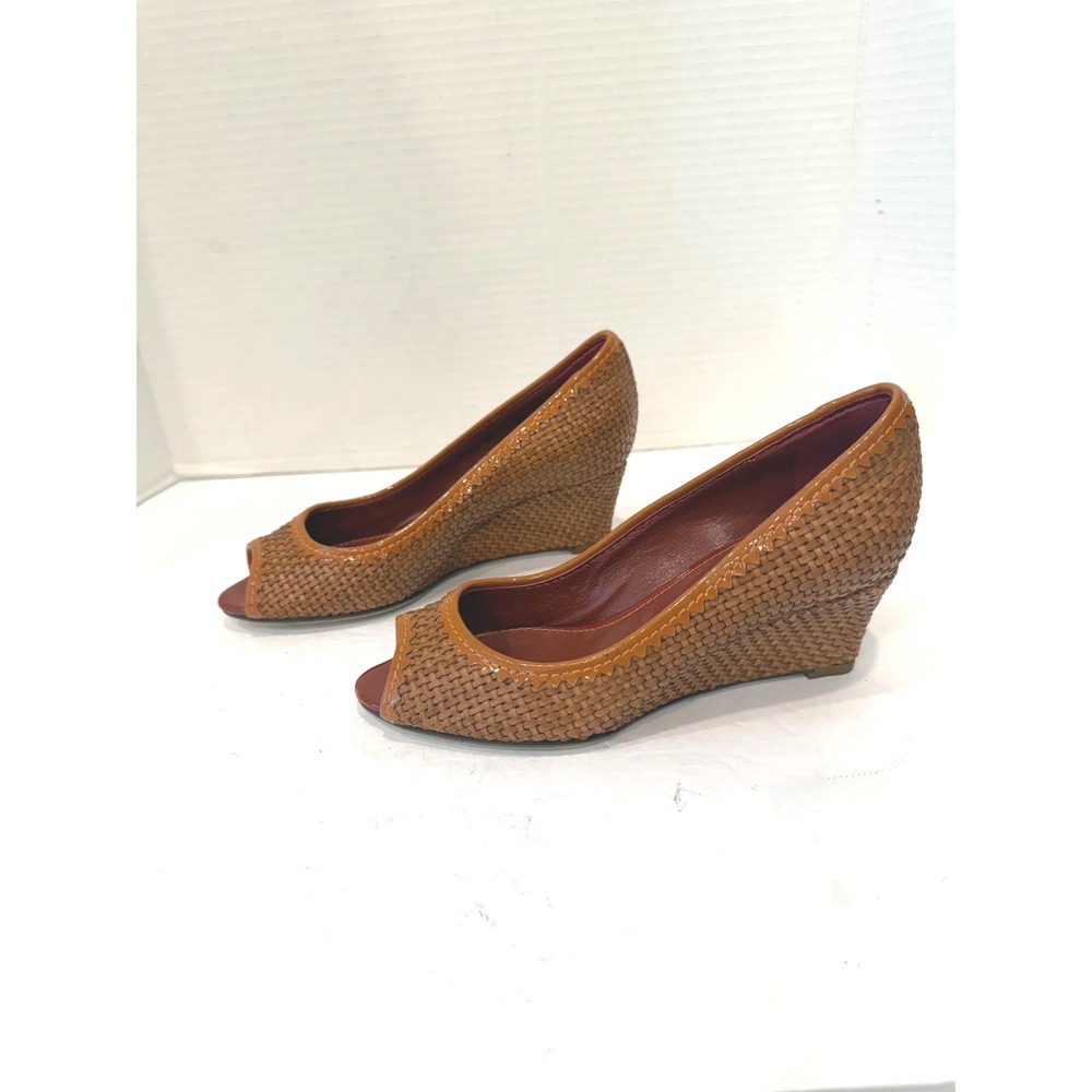 Sergio Rossi New Cognac Brown Woven Leather Peep Toe Wedge Pumps Sz 4